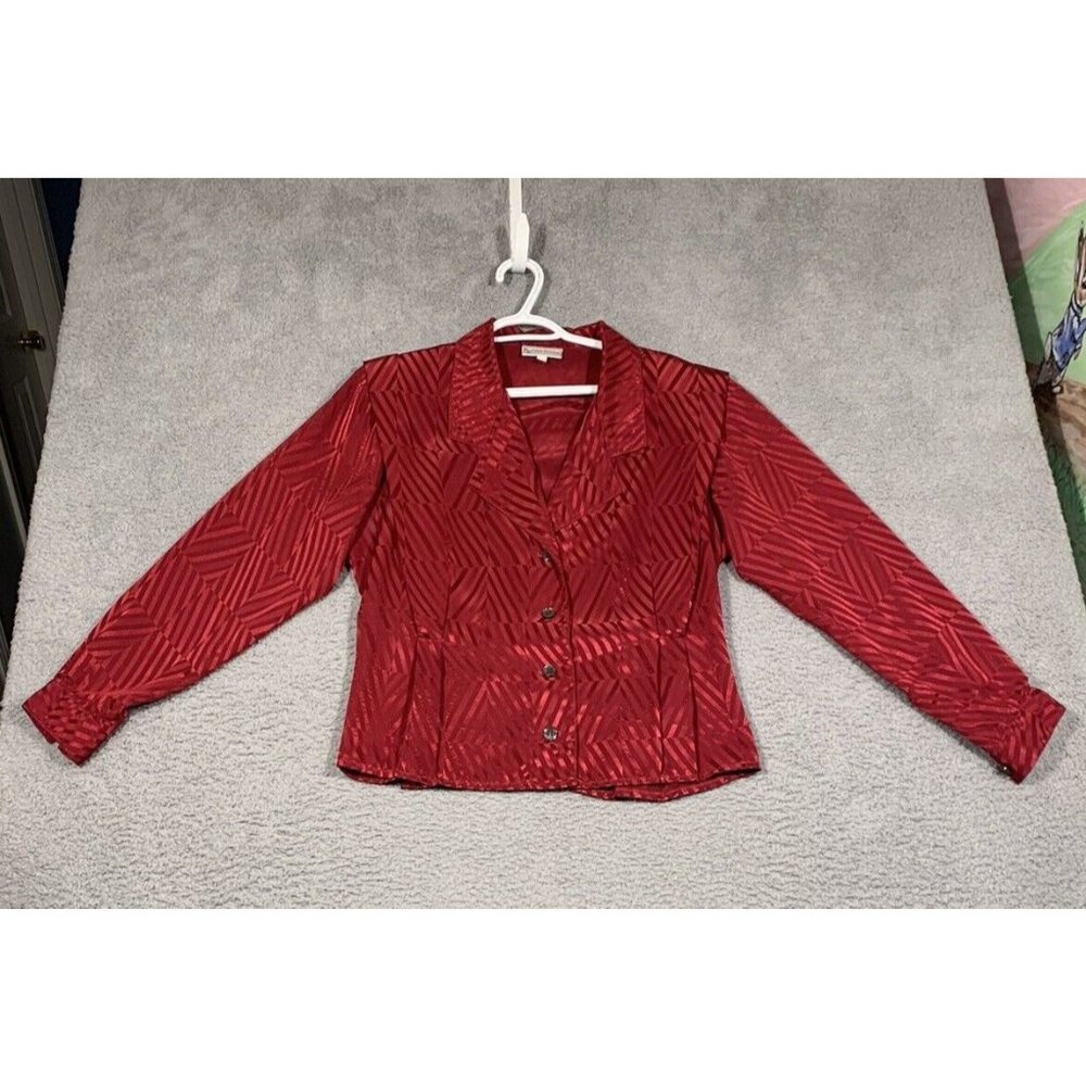 Vintage Evan Picone Burgundy Red Collared Button Blouse‎ Satin Geometric Size 10